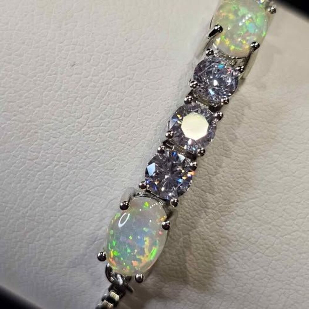 Silver plated Opal and CZ Adjustable Slider Bracelet. New!